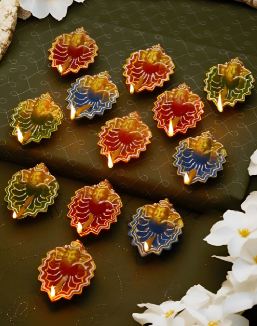 Red Green Printed Terracotta Oil Diyas Set of 12 for Diwali 2025 | Colorful Eco Indian Pooja Decor